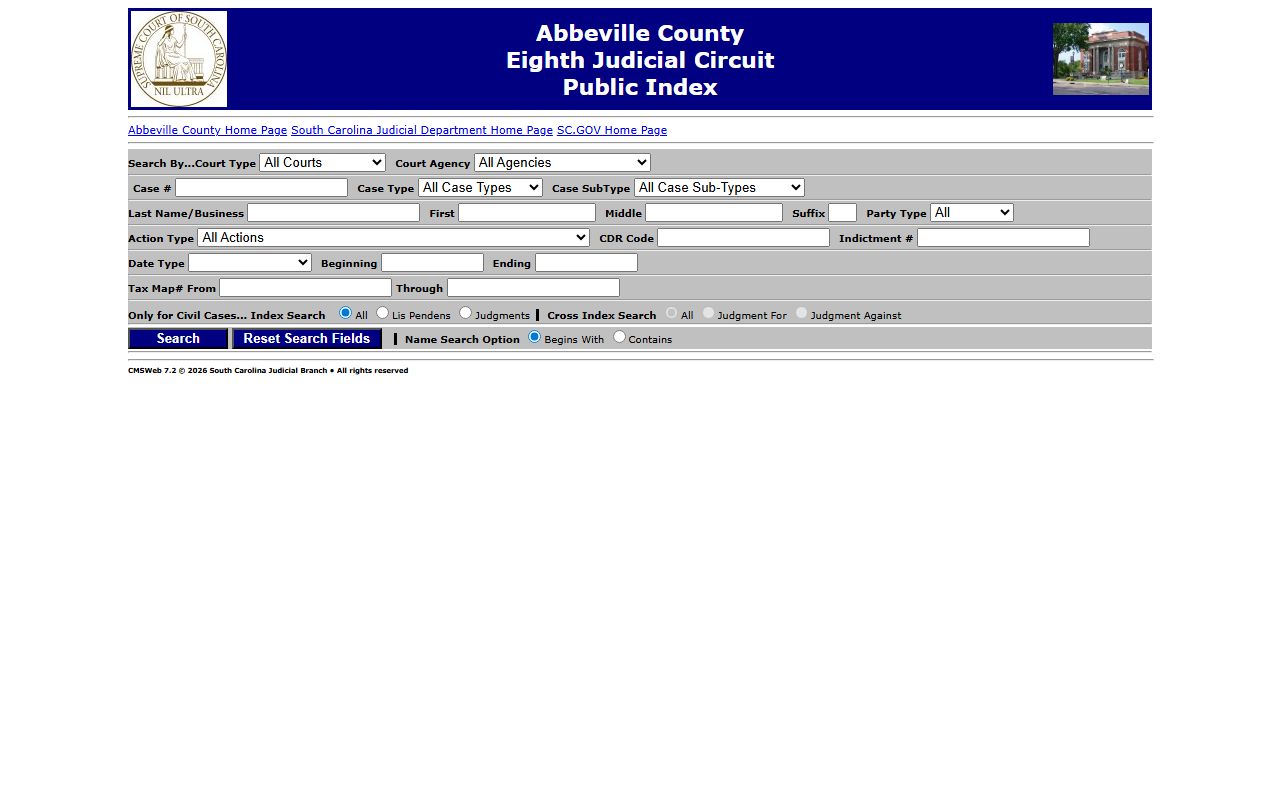 Abbeville County court records after arrest Public Index search page